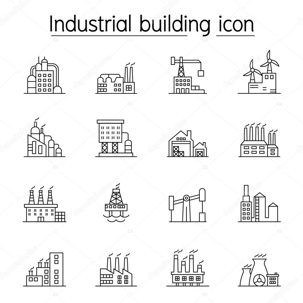 Industrial building, Factory, Plant icon set in thin line style