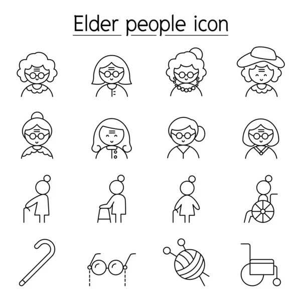 Anciana, icono de la abuela engastado en estilo de línea delgada — Vector de stock