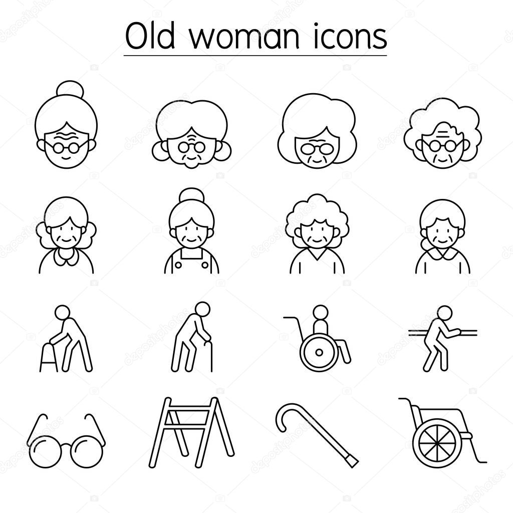 Old woman, Elder woman, Grandmother icon set in thin line style