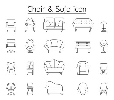 Chair and sofa icon set in thin line style clipart