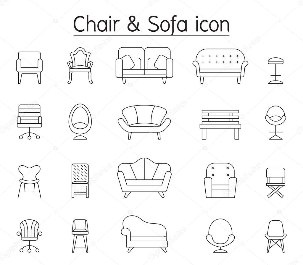 Chair and sofa icon set in thin line style