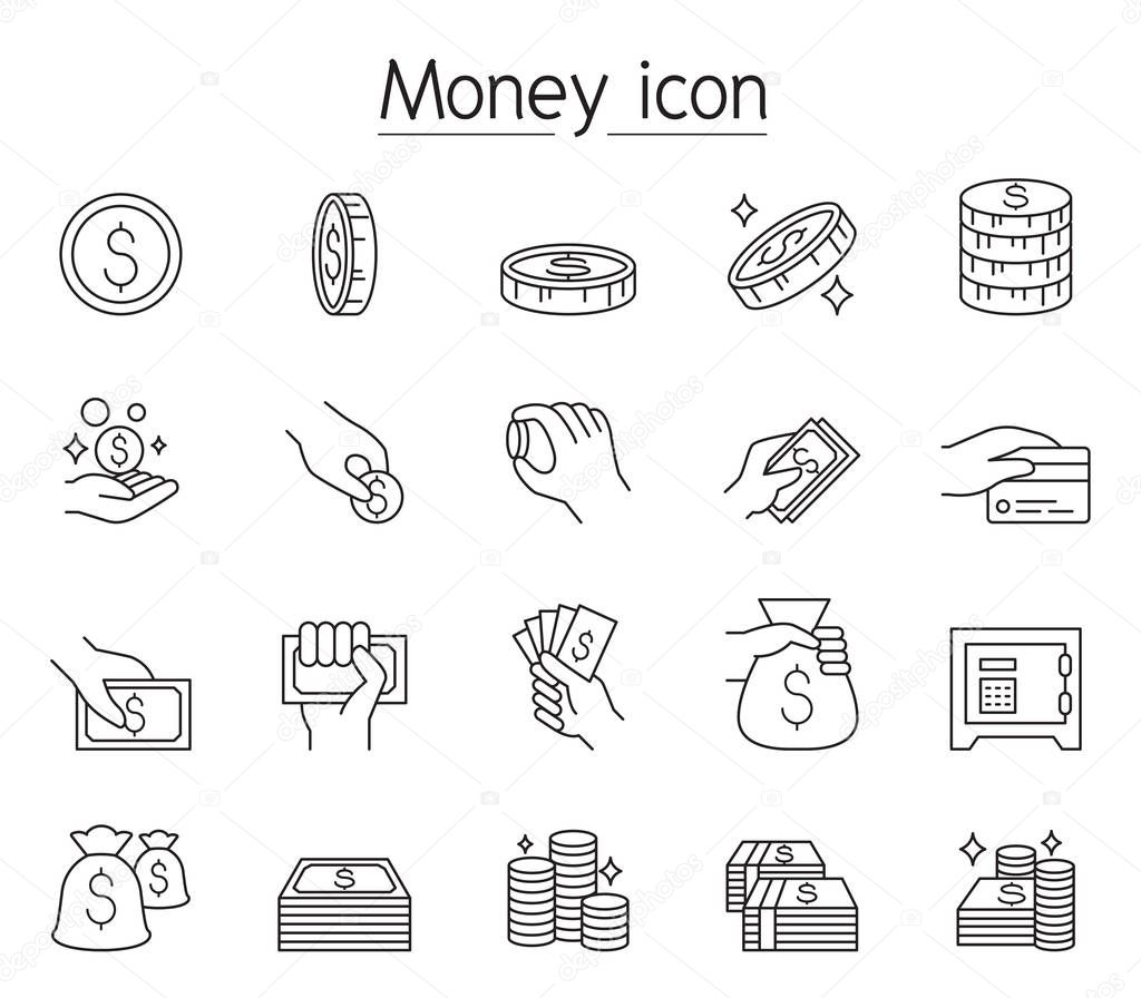 Money, Cash, Coin, Currency icon set in thin line style