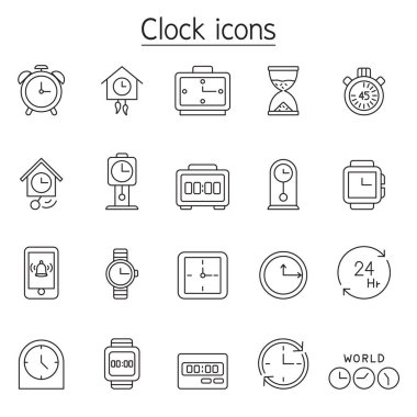 Clock, watch, stopwatch icon set in thin line style