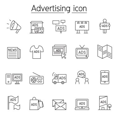 Reklam ve pazarlama simgesi ince çizgi biçiminde ayarlandı