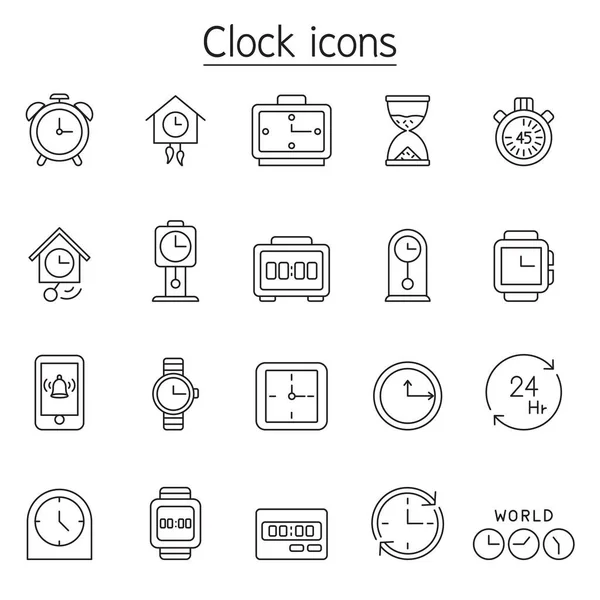 Reloj, reloj, icono de cronómetro establecido en estilo de línea delgada — Archivo Imágenes Vectoriales