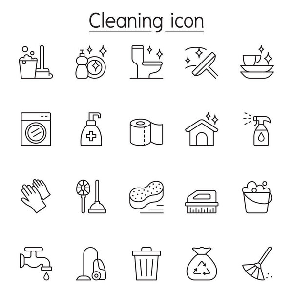 Cleaning icon set in thin line style