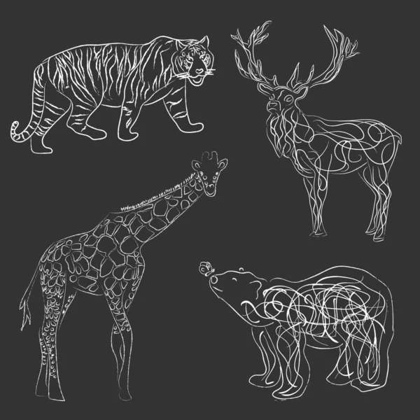 Animals Line Set Vector Illustration White Dark Gray Background — Stock vektor