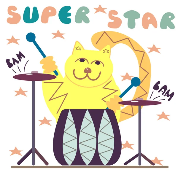 Super star text. Hand drawn cat plays on drums. Vector illustration for print design on white background.