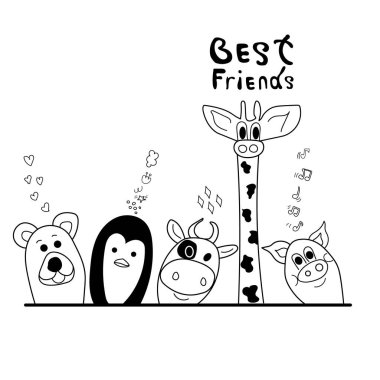 Best friends animals doodle vector illustration.
