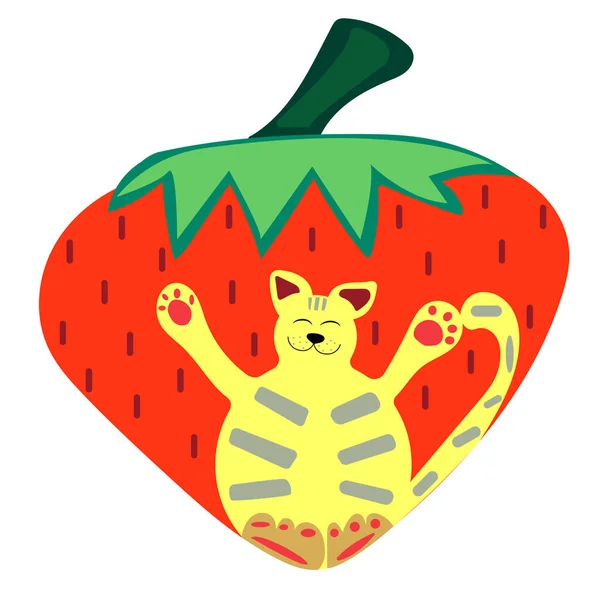 Bonito Divertido Gato Berry Vector Ilustração Desenho Animado Estilo — Vetor de Stock