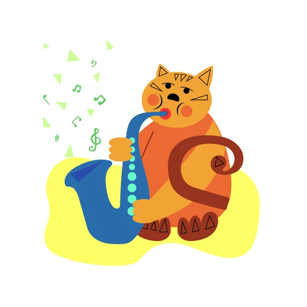 Gato Joga Ilustração Vetor Saxofone Estilo Desenho Animado Desenhado Mão — Vetor de Stock