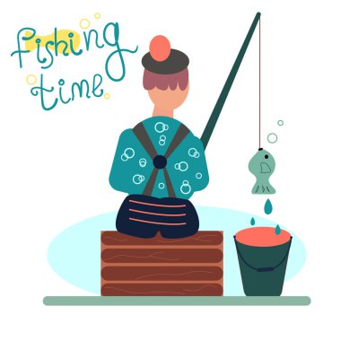 Fun illustration. It is a fishing time, man relaxing. Weekend fishing.