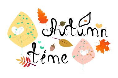 Autumn time lettering with trees, hearts and leaves.