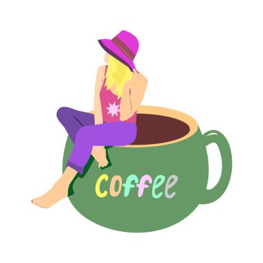 Beautiful woman in a hat sit on a large coffee cup. Concept coffee break. Vector illustration.