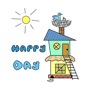 Güneş, yuva ve fare çizgi film stili vektör resimli şirin ve eğlenceli bir ev. İyi günler mesajı. Kart, pankart ve diğer yazılar için.