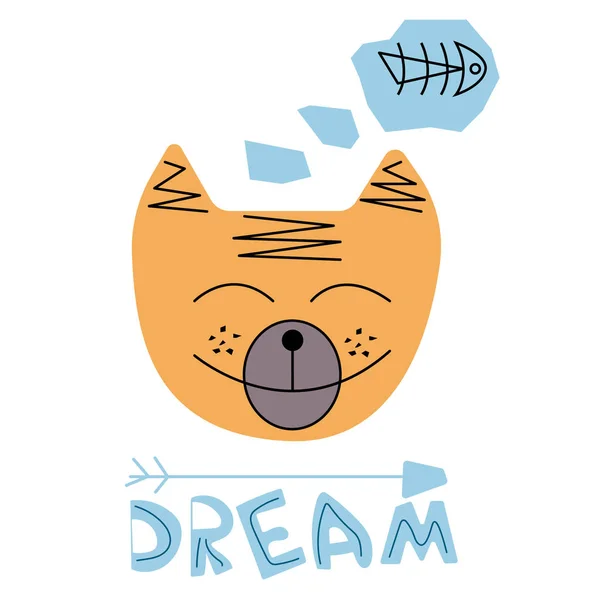Cat Dream Fish Cat Face Vector Illustration Cartoon Style Kids — Stock Vector
