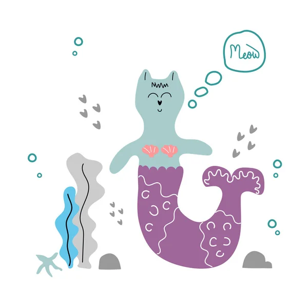 Katt Sjöjungfru Roligt Tecknad Vektor Illustration Med Ordet Meow — Stock vektor