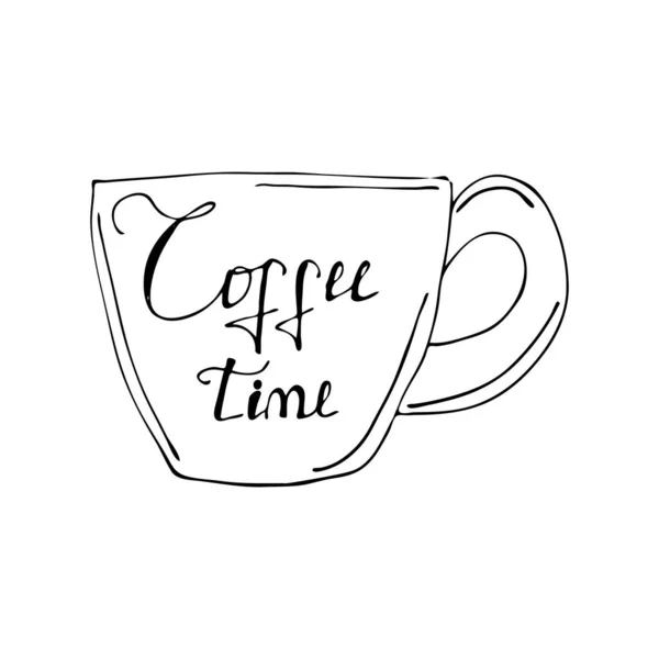 Taza Dibujada Mano Con Tiempo Café Texto Líneas Negras Ilustración — Vector de stock