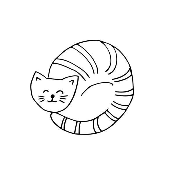可愛い手描き寝タビー猫 居心地の良い家 巨大なデザインのためのベクトルイラスト 白を基調としたストライプの子猫 — ストックベクタ