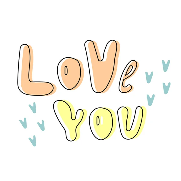 Handritad Text Älskar Dig Med Blå Små Hjärtan Vektor Illustration — Stock vektor