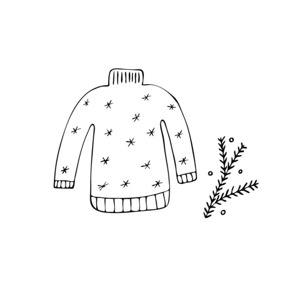 Maglione Disegnato Mano Pullover Con Ramo Albero Natale Illustrazione Vettoriale — Vettoriale Stock