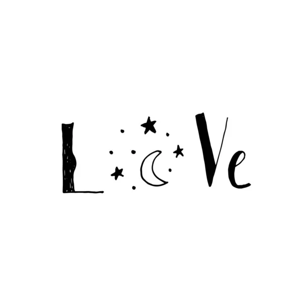 Ručně Kreslené Slovo Láska Měsícem Hvězdičkami Černé Čáry Bílém Pozadí — Stockový vektor