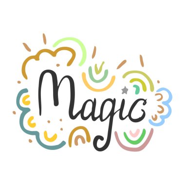 Elle çizilmiş renkli kelime Magic, karalama tarzında. Basit ve eğlenceli vektör çizimi.