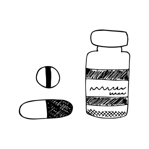 Met Hand Getekend Medische Strijd Pillen Vector Illustratie Doodle Schets — Stockvector