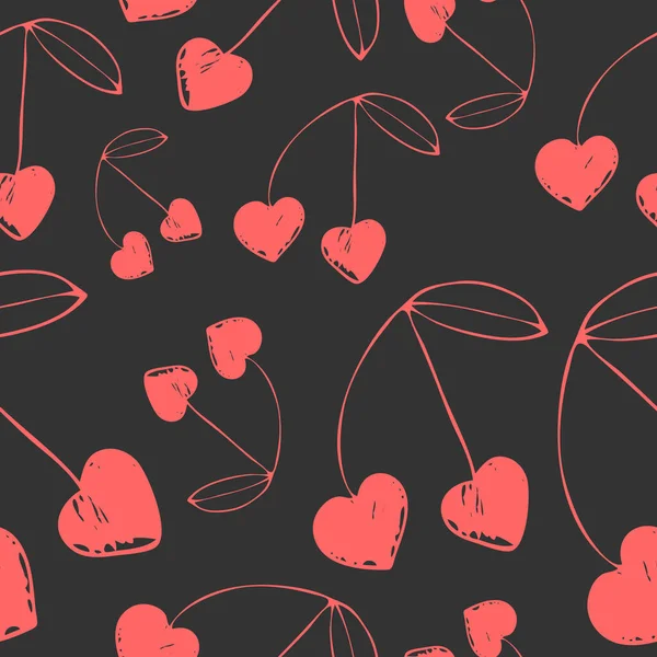 Beauty Seamless Pattern Cherries Form Heart Hand Drawn Vector Illustration — Stock Vector