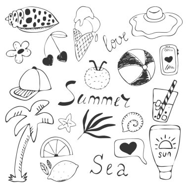 El çizimi yaz elementleri. Dekoratif tasarım için vektör çizimi. Beyaz arkaplan izole.