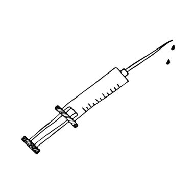 Elle çizilmiş şırınga vektör çizimi. Doodle, ilaç elementinin taslağı..
