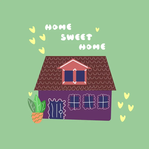 可爱的房子里有植物在锅里 文字在家里 甜蜜的家 平面矢量图解 — 图库矢量图片
