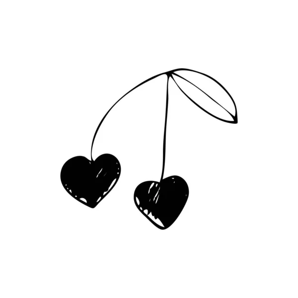 手を心の形でチェリーを描いた 夏と愛のデザインのためのスケッチベクトルイラスト — ストックベクタ