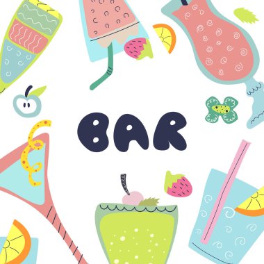 El çizimi metin barı ve kokteyl çerçevesi. Parlak ve eğlenceli yaz tasarımı.