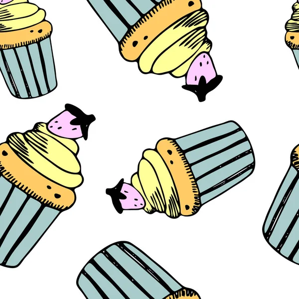 Modèle Sans Couture Dessiné Main Cupcakes Illustration Vectorielle — Image vectorielle