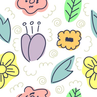 Çiçeksiz, soyut bir desen. Koyu mavi çizgileri olan renkli noktalar. Baskı, kumaş ve tekstil tasarımı için modern ve düz vektör çizimi.