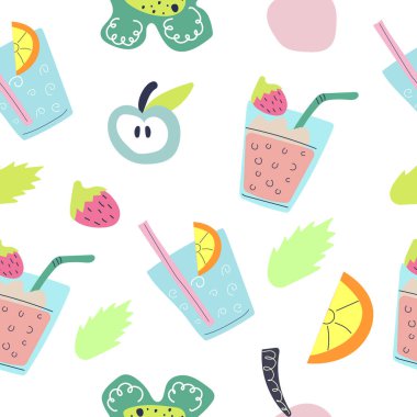 Kusursuz el yapımı kokteyller ve meyveler. Yaz tasarımı, tekstil ve ambalaj kağıdı için düz vektör çizimi.