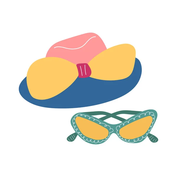 Summer Woman Hat Sunglasses Flat Vector Illustration — Stock Vector