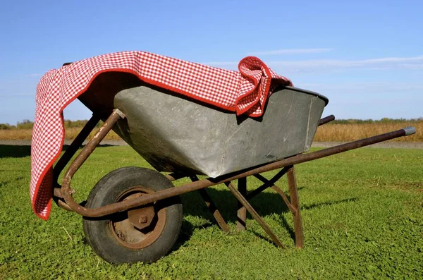 Wheelbarrow covered by gingham table cloth — Stock Photo, Image