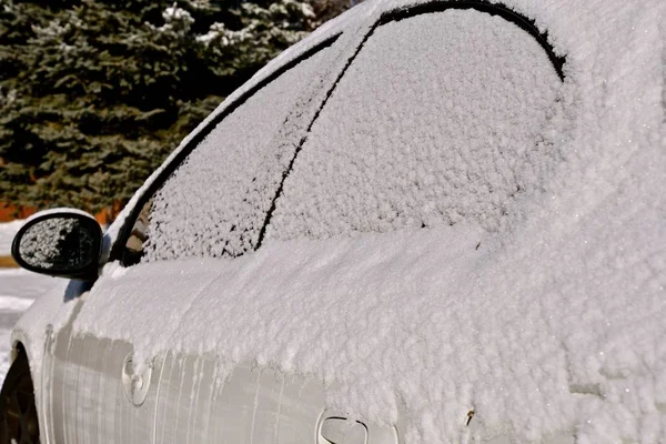 Белый Автомобиль Покрыт Слоем Белого Снега — стоковое фото