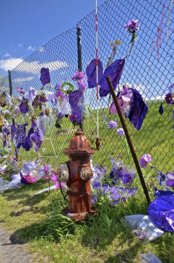 Chanhassen, Minnesota, 13 Mayıs 2016: Paisley Park, Prince Rogers Nelson ev etrafında çit çiçek, balon ve mor anıt süslemeleri.