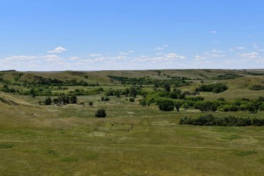 Bir vadinin karşısında bir çayır mezarlığı birkaç çiftlikleri ve doğal bir görünümde ağaç yığınları. 