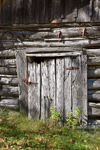 Une Vieille Porte Très Abîmée Une Cabane Rondins Repose Sur — Photo