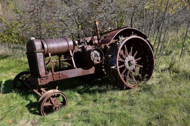 An old unidentifiable rusty tractor with lug wheels is left isolated in a woods