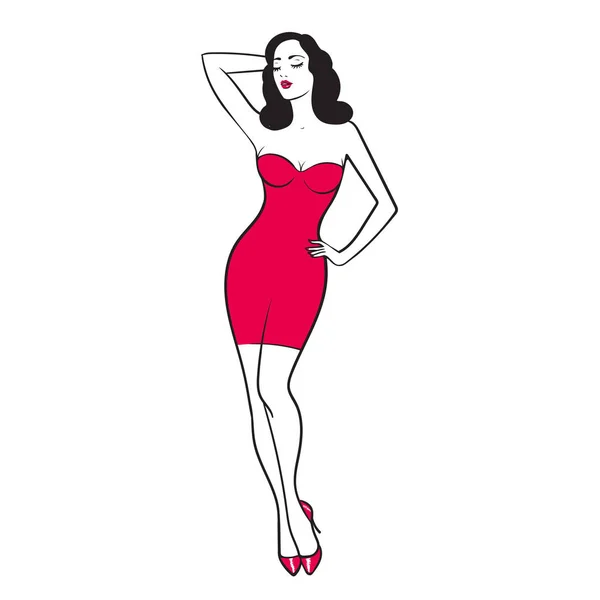 Morena Con Vestido Rojo Hermosa Mujer Sobre Fondo Blanco Ilustración — Vector de stock