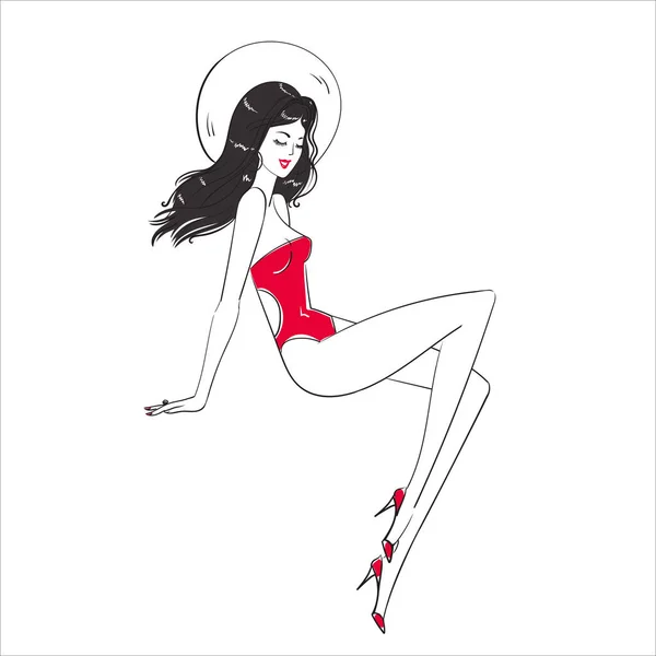 Kırmızı Mayolu Güzel Bir Kadın Vektör — Stok Vektör