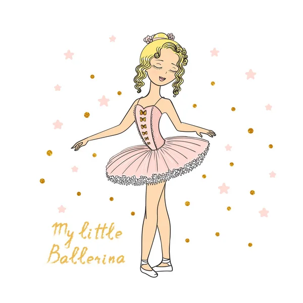 Mão Desenhada Pequena Linda Bailarina Menina Menina Bonito Ilustração Vetorial — Vetor de Stock