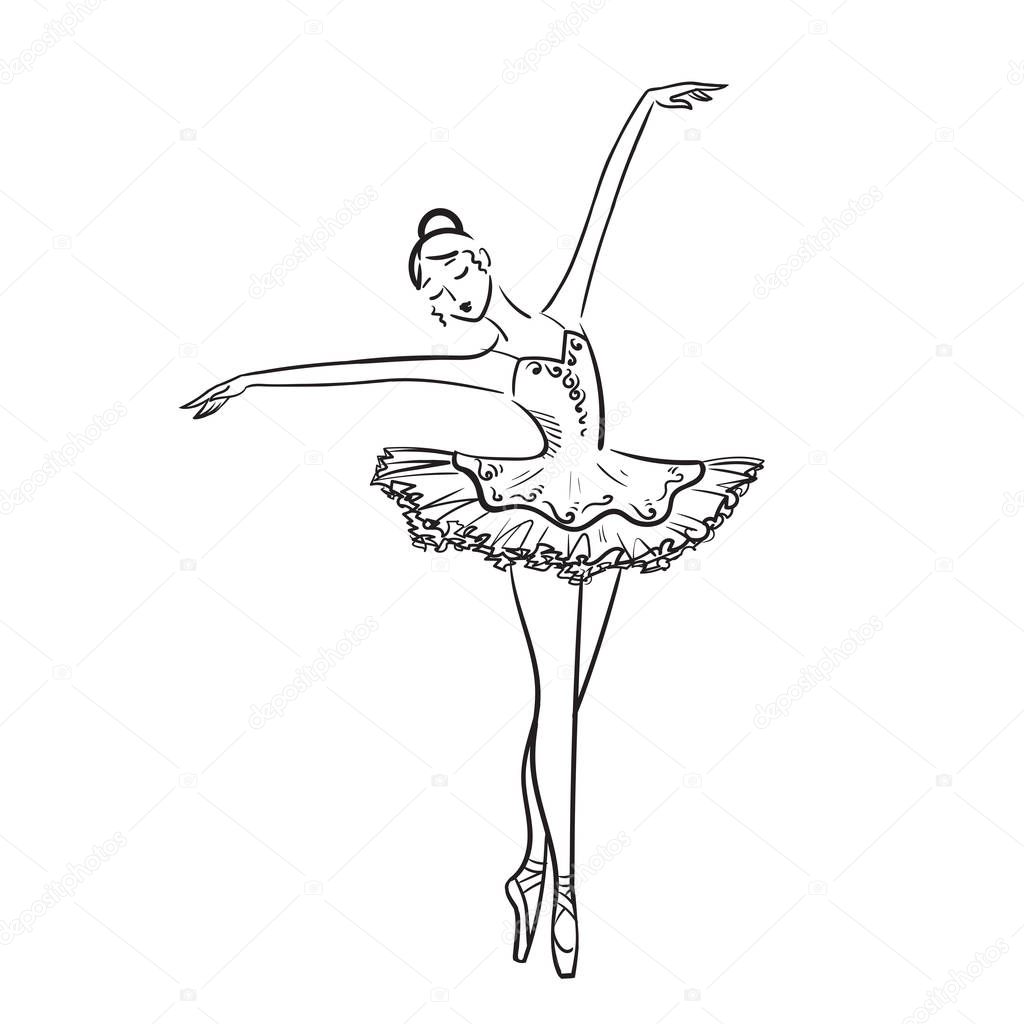 Hand drawn beautiful  ballerina girl. A sketch of a ballerina. Black and white ballerina. Vector illustration.