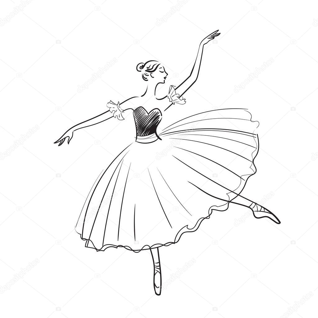 Ballet dancer silhouette. Realistic ballerina, beautiful woman against white background. Ballet banner. Vector illustration.