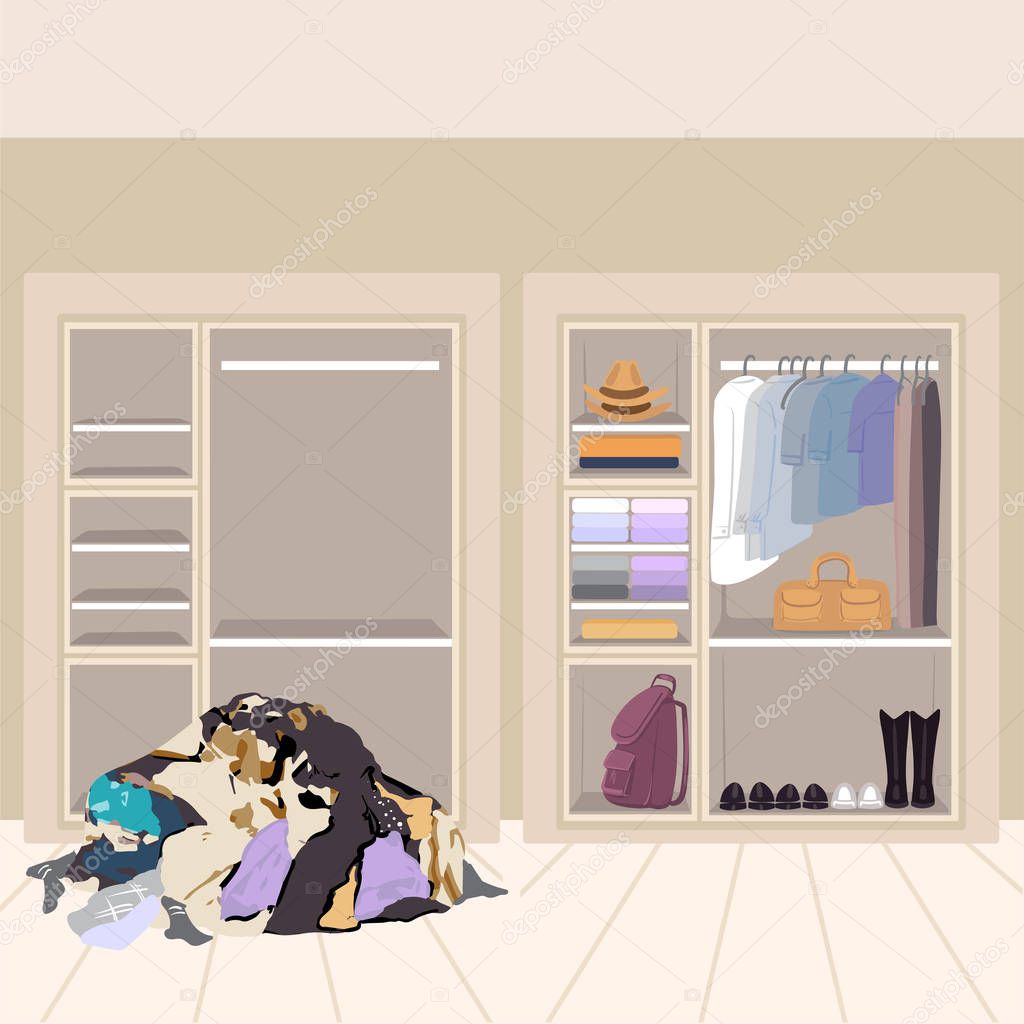 Before untidy and after tidy wardrobe. Opened closet with apparel hanging inside and pile of clothes on floor. Concept of minimalist capsule wardrobe. Cartoon vector illustration in flat style.
